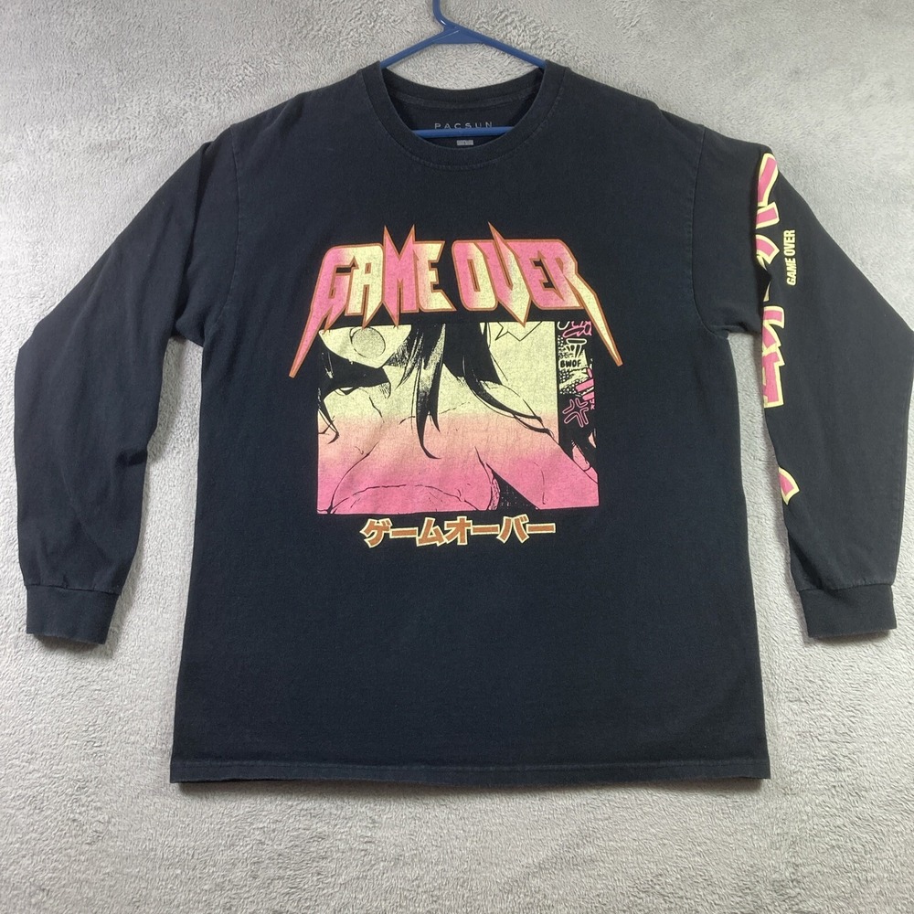 Pacsun Game Over Shirt Adult Large Black Anime Graphic Tee Long Sleeve